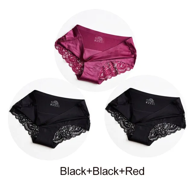 3 Pack Hollow Out Women's Panties Ice Silk Underwear Seamless Solid Sports Briefs Low Waist Underpants Lingerie Set