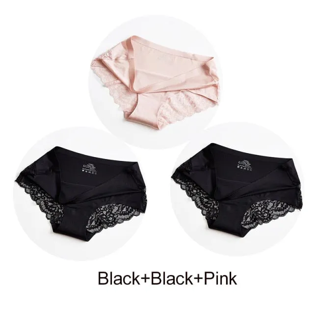 3 Pack Hollow Out Women's Panties Ice Silk Underwear Seamless Solid Sports Briefs Low Waist Underpants Lingerie Set