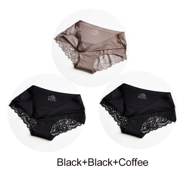 3 Pack Hollow Out Women's Panties Ice Silk Underwear Seamless Solid Sports Briefs Low Waist Underpants Lingerie Set