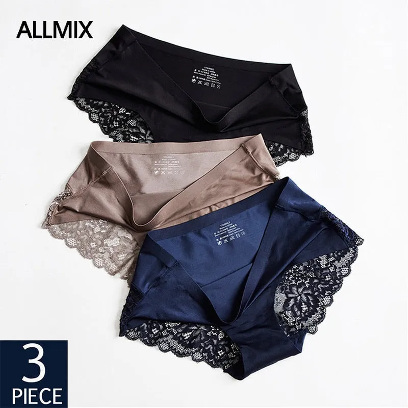 3 Pack Hollow Out Women's Panties Ice Silk Underwear Seamless Solid Sports Briefs Low Waist Underpants Lingerie Set