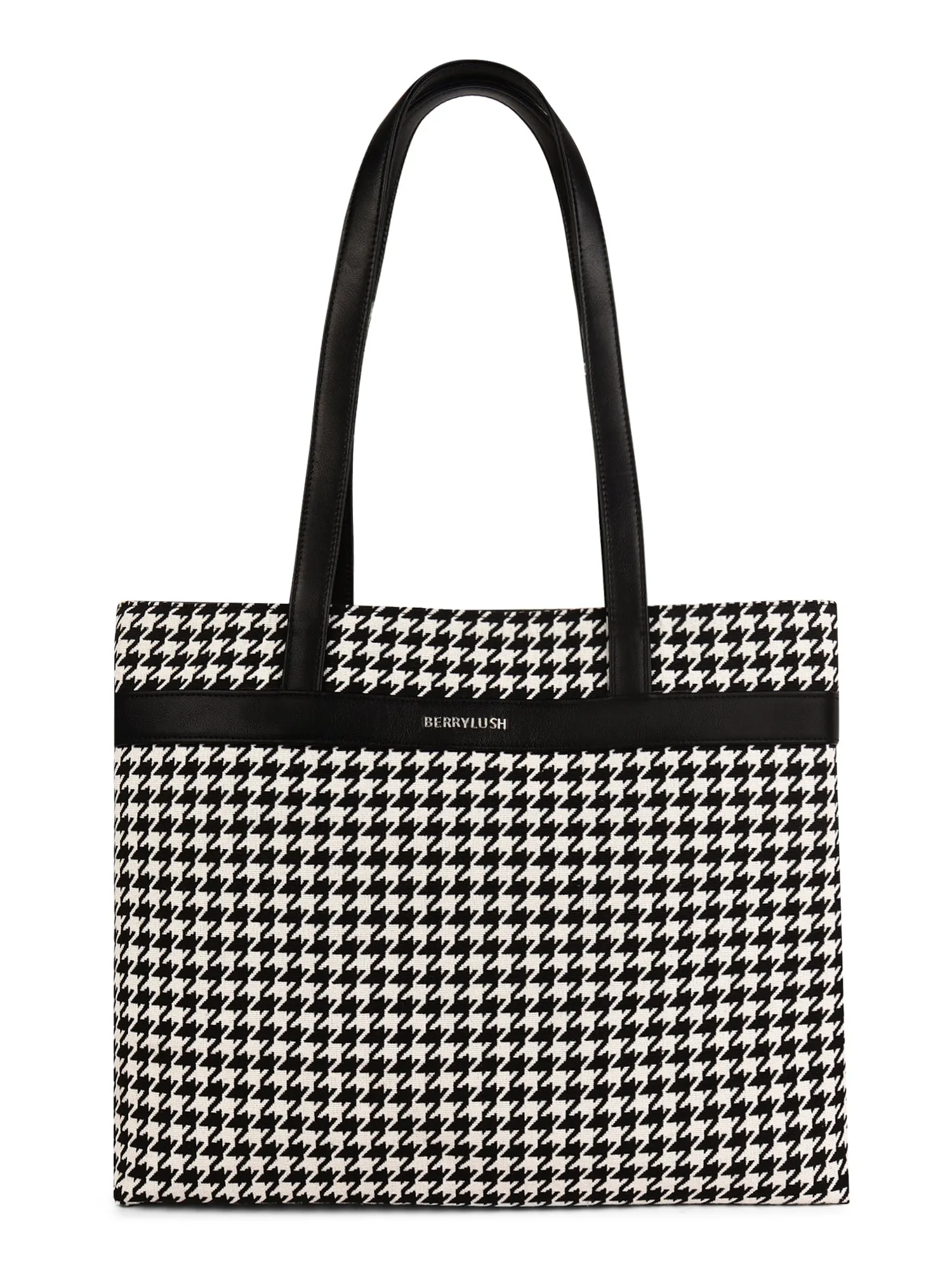 Berrylush Women Black & White Geometric Printed Polyester Zipper-Up Two-Handle Tote Bag