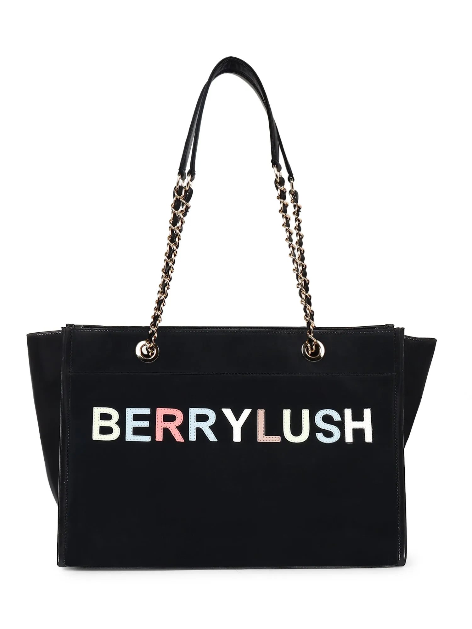 Berrylush Women Black Typography PU Mobile Pouch Embellished Oversized Tote Bag