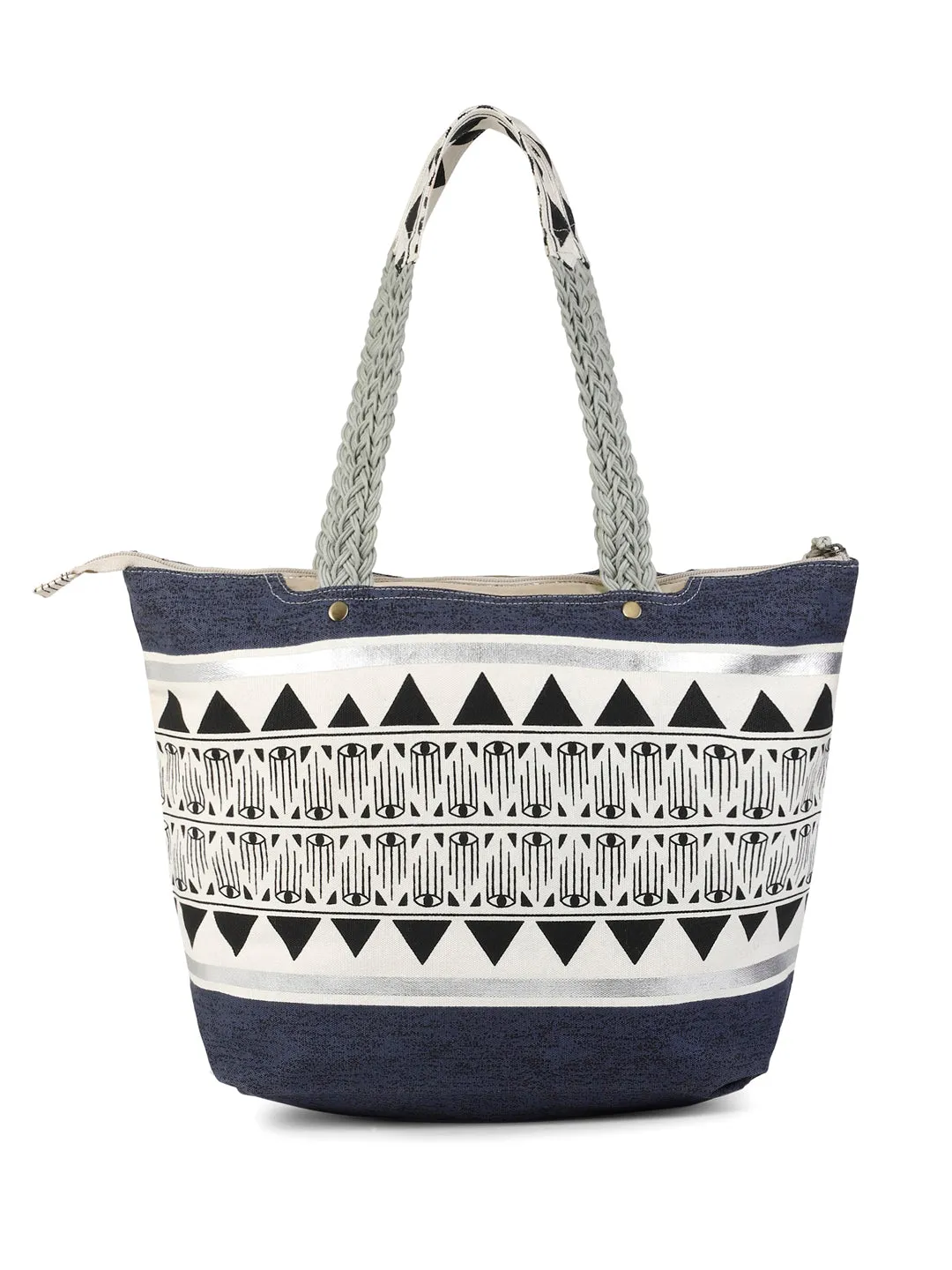 Berrylush Women Blue & White Ethnic Motifs Printed Canvas Zipper-Up Regular Tote Bag