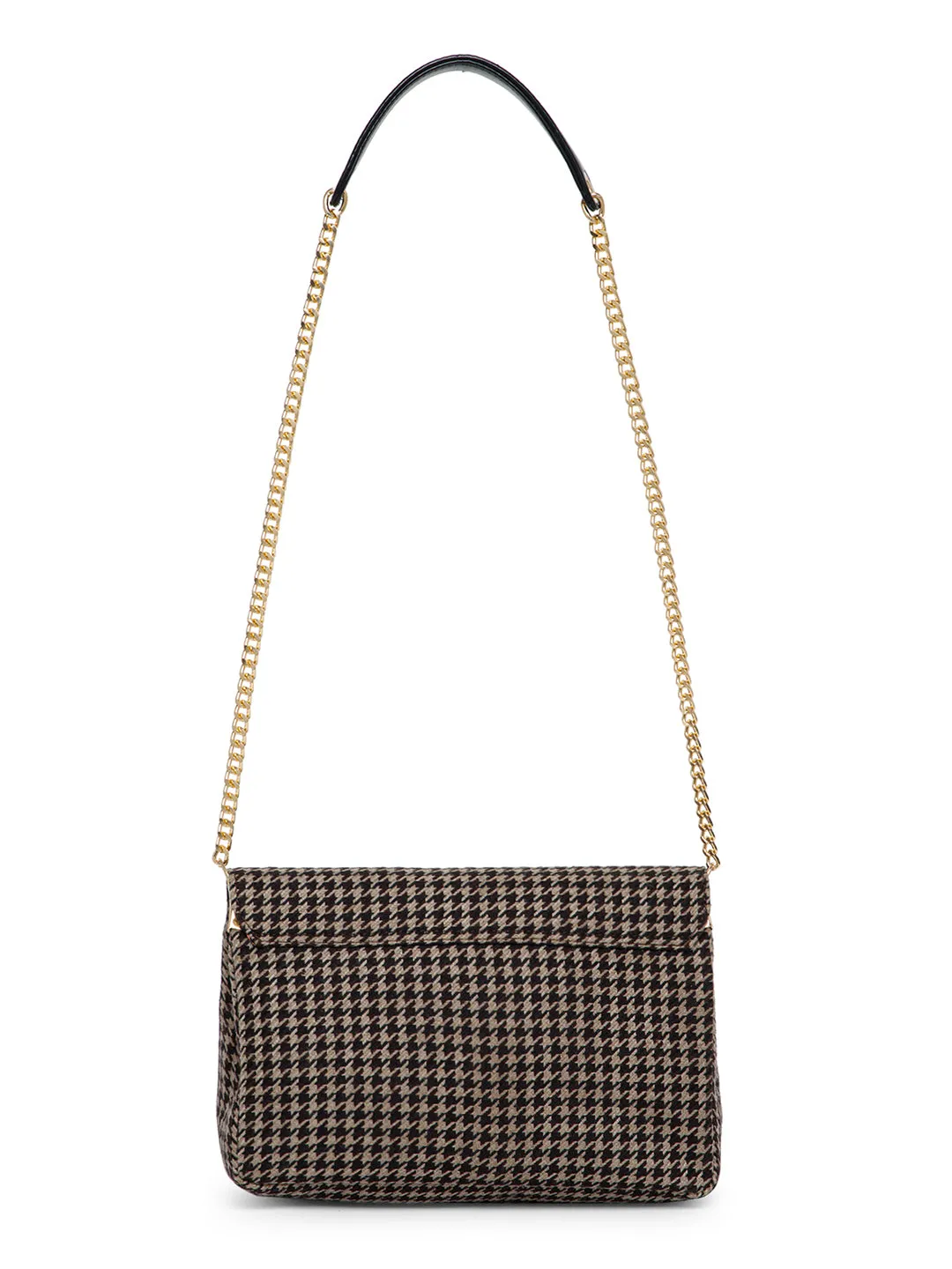 Berrylush Women Brown & Beige Houndstooth Printed Fabric Chain Sling Strap Shoulder Bag