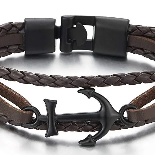 Black Marine Anchor Brown Braided Leather Bangle Bracelet Men Women, Three-Row Wristband