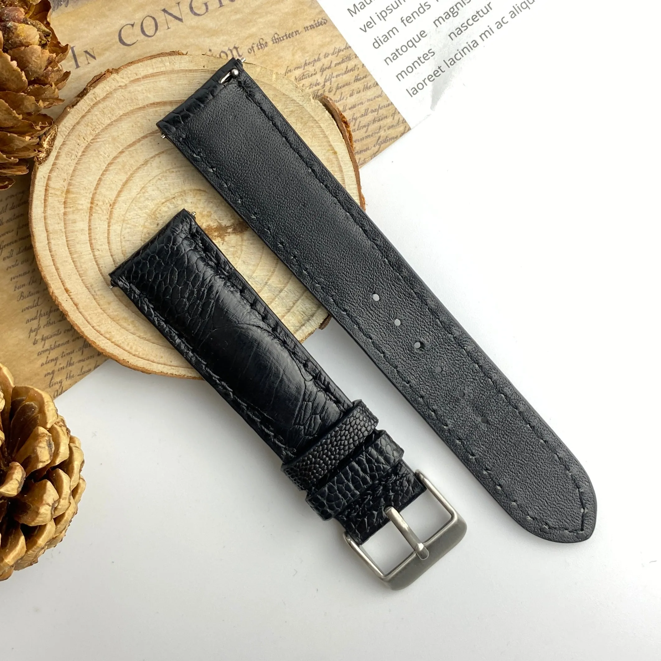 Black Ostrich Skin Watch Strap For Men | Ostrich Leather Wristwatch Strap Quick Release Buckle | DH-34