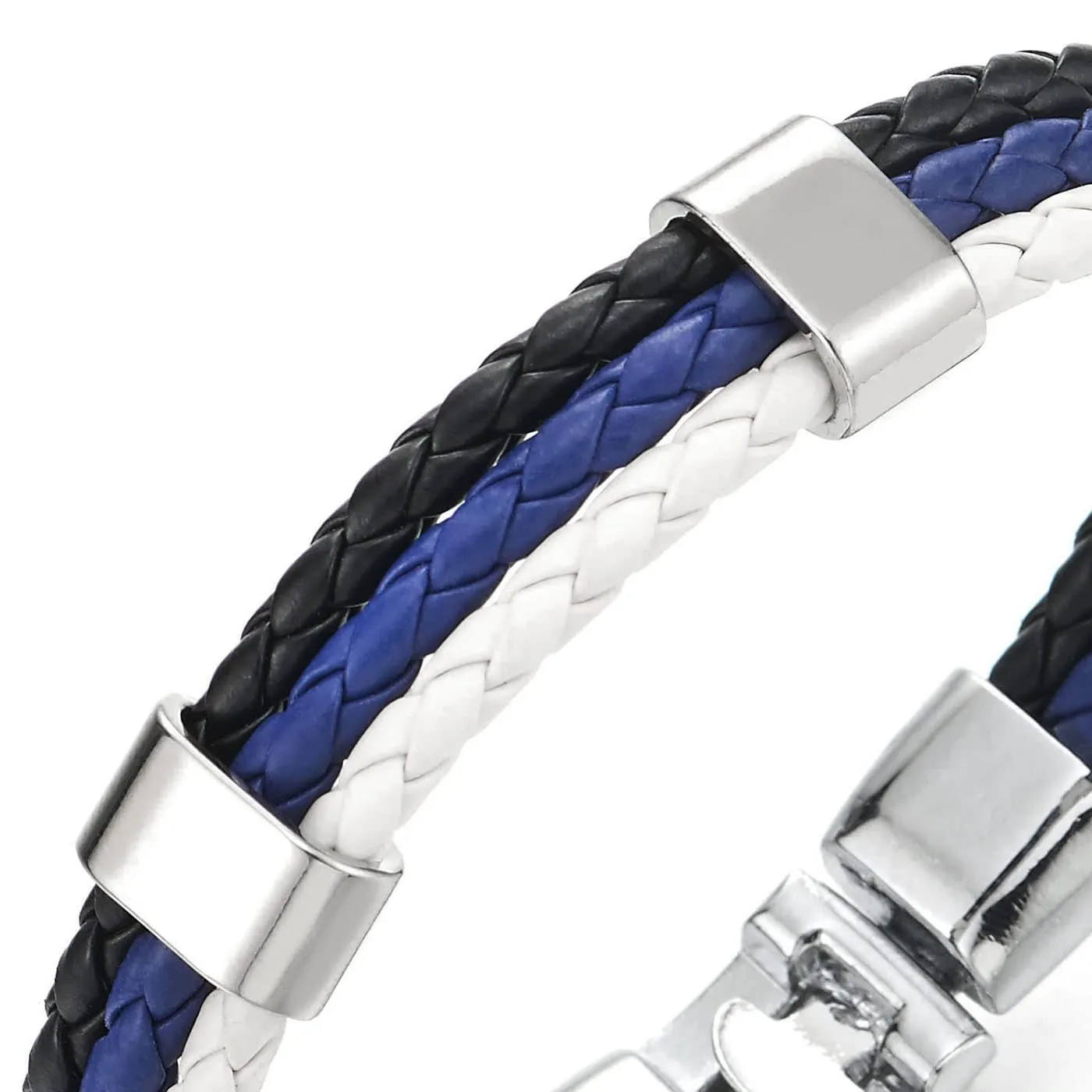 Blue White Black Three Strand Rows Braided Leather Bracelet for Mens Womens, Minimalist