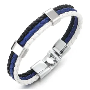 Blue White Black Three Strand Rows Braided Leather Bracelet for Mens Womens, Minimalist