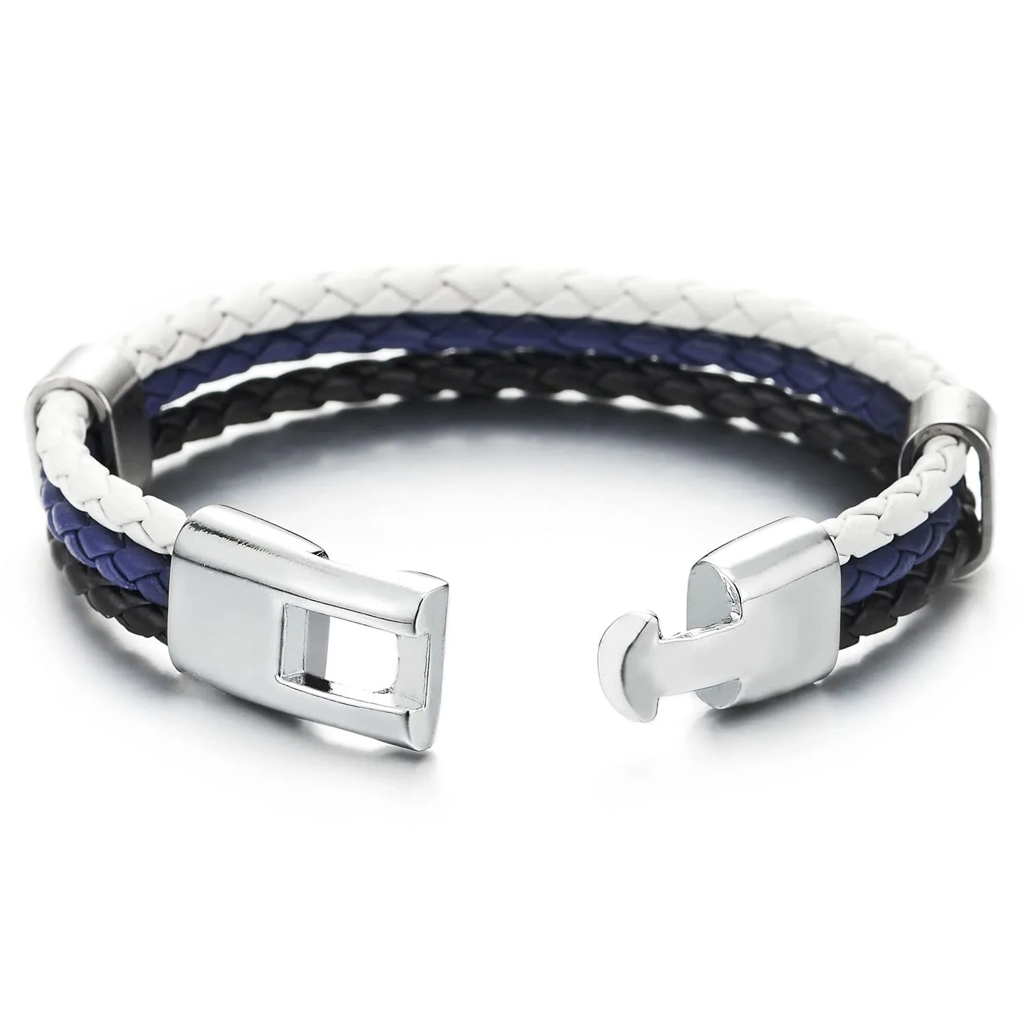 Blue White Black Three Strand Rows Braided Leather Bracelet for Mens Womens, Minimalist