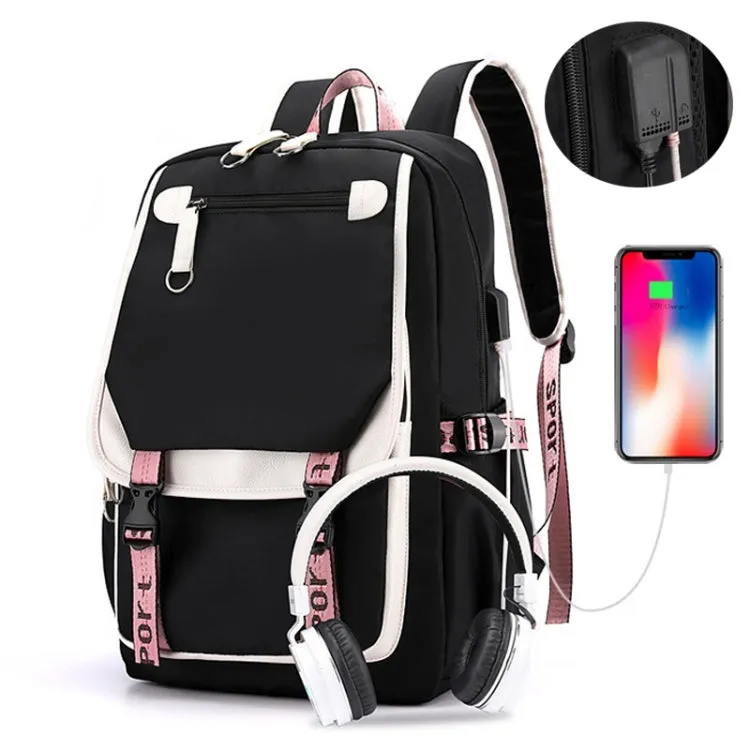 Casual Outdoor Traveling Backpack Schoolbag Simple Multi-Layer Computer Double Shoulder Bag(Black With Pink)