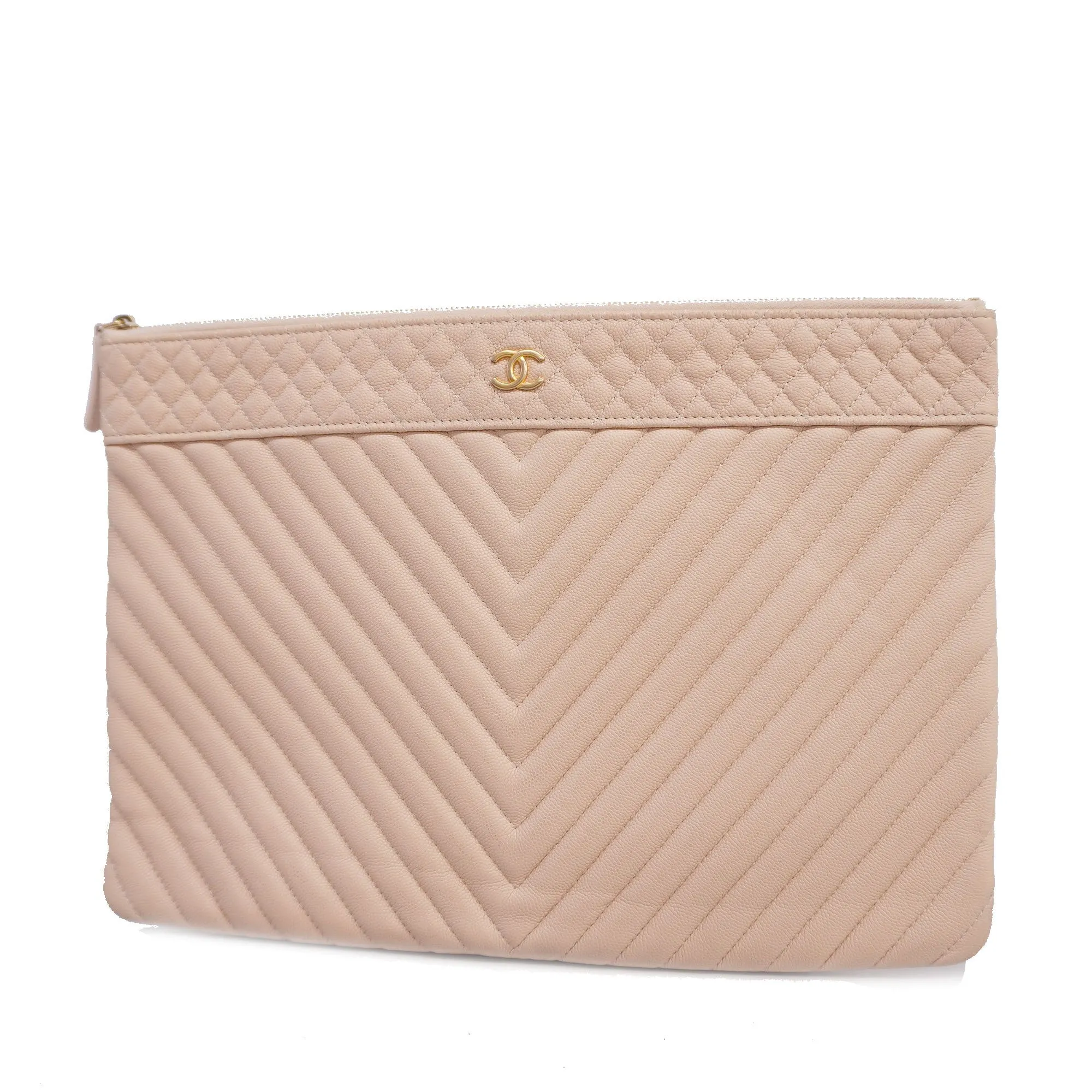 CHANEL  Clutch Bag V Stitch Women's Caviar Leather Clutch Bag Pink