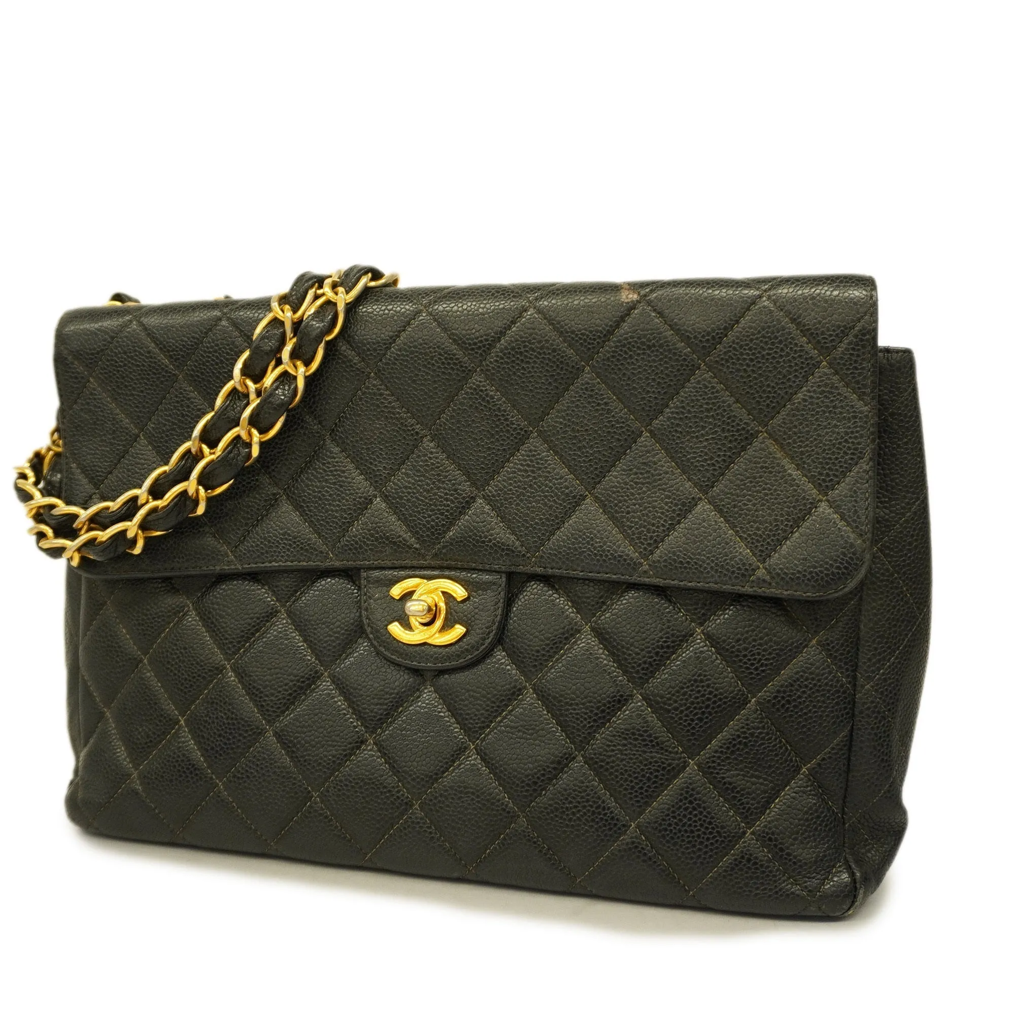 CHANEL  Matelasse Big Matelasse W Chain Women's Caviar Leather Shoulder Bag Black