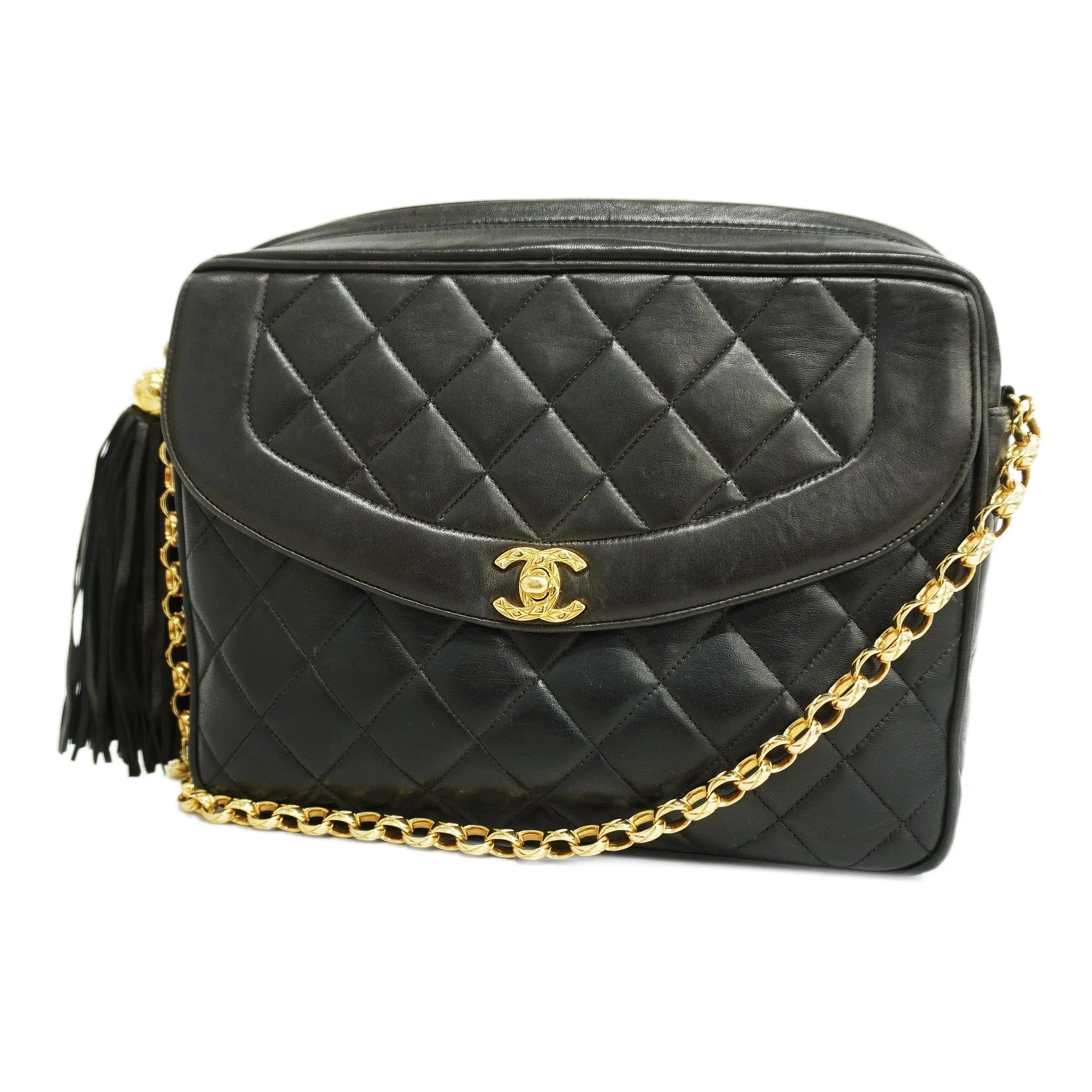 CHANEL  Matelasse Chain Shoulder With Fringes Women's Leather Black