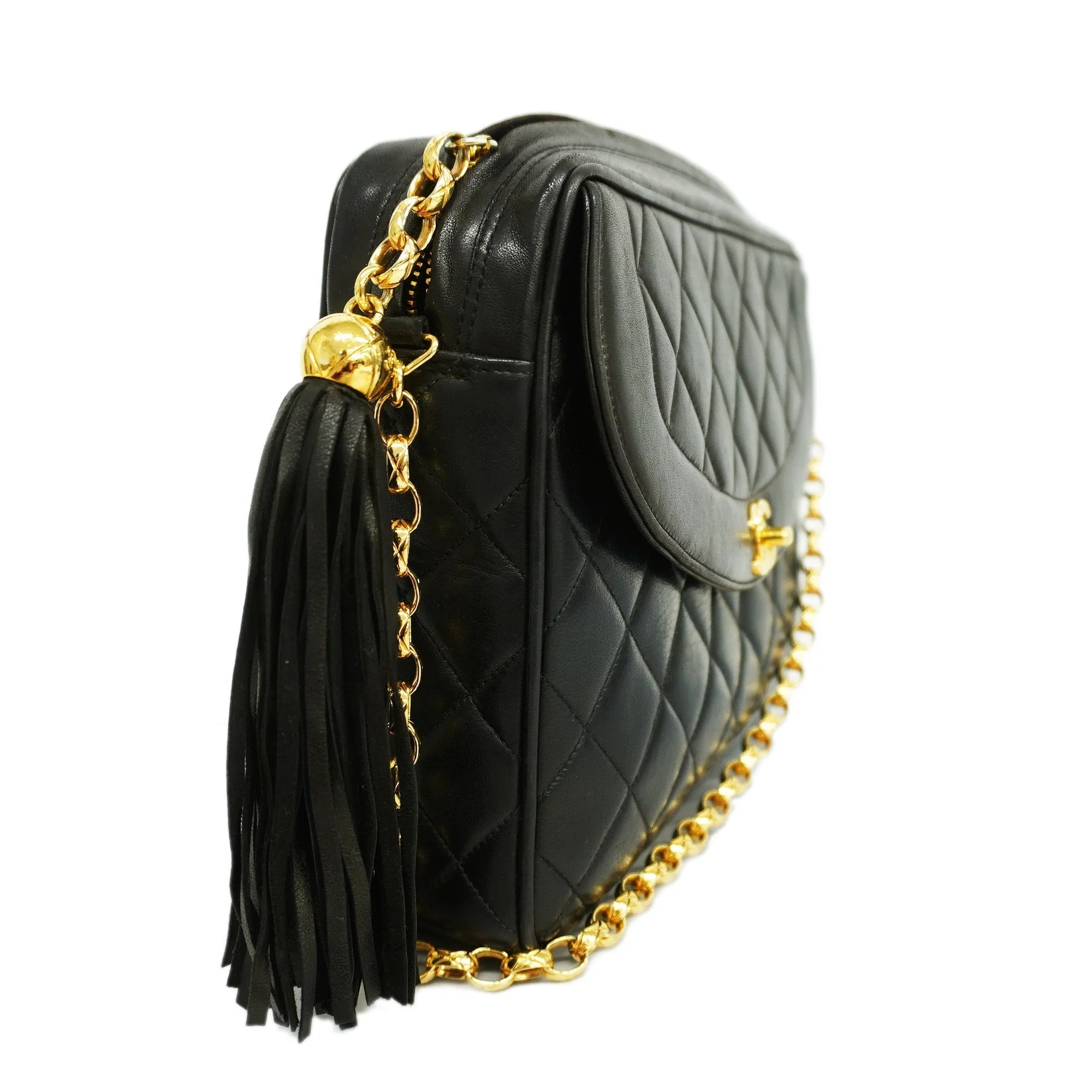 CHANEL  Matelasse Chain Shoulder With Fringes Women's Leather Black