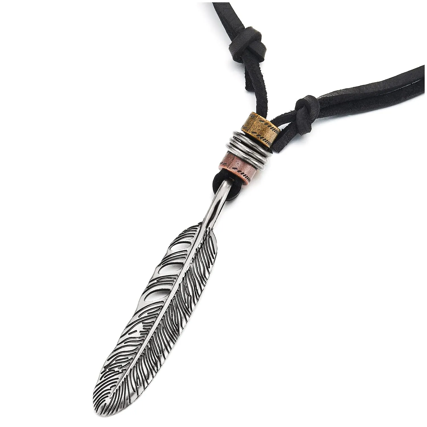 COOLSTEELANDBEYOND Retro Style Feather Pendant Unisex Necklace for Mens Womens with Adjustable Leather Cord