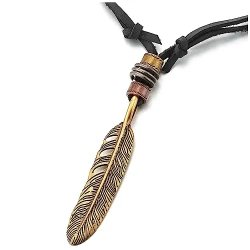 COOLSTEELANDBEYOND Retro Style Feather Pendant Unisex Necklace for Mens Womens with Adjustable Leather Cord