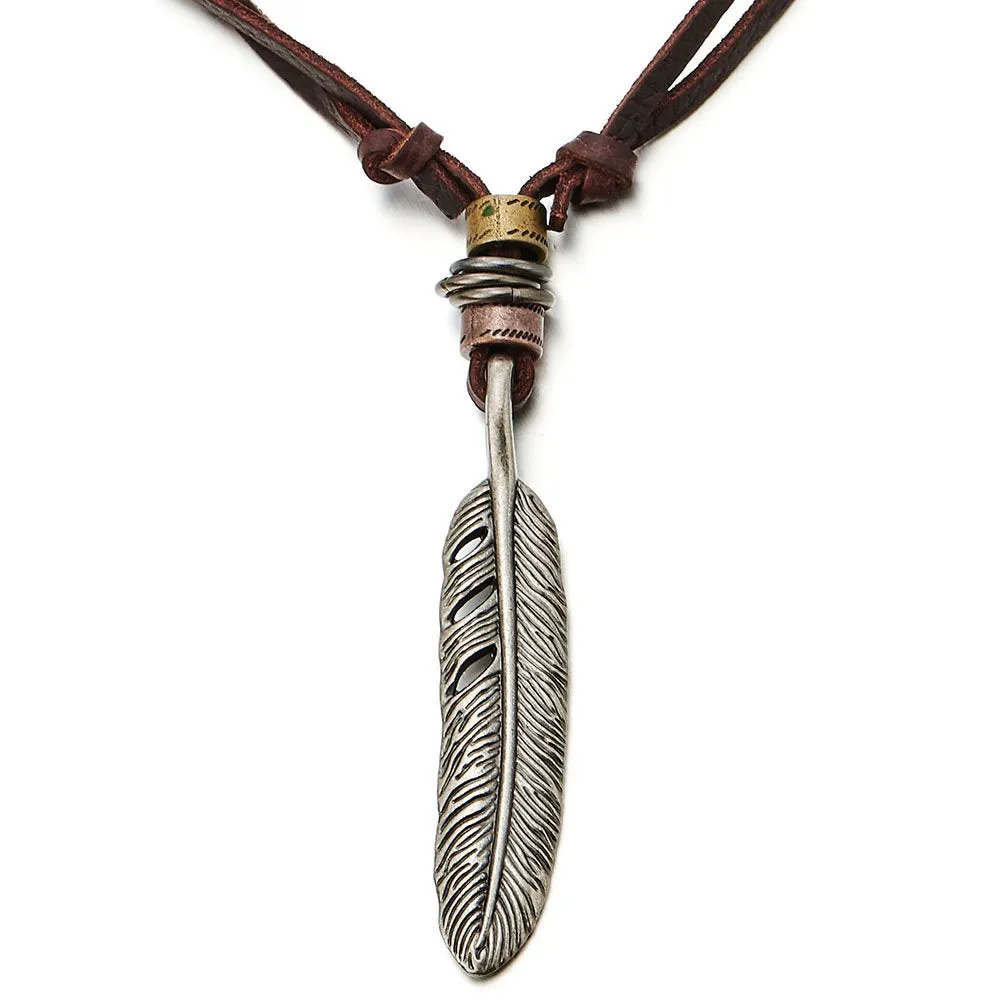 COOLSTEELANDBEYOND Retro Style Feather Pendant Unisex Necklace for Mens Womens with Adjustable Leather Cord