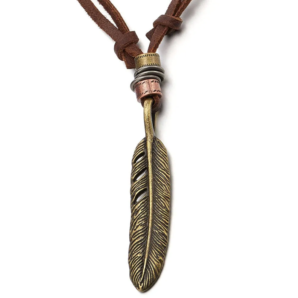 COOLSTEELANDBEYOND Retro Style Feather Pendant Unisex Necklace for Mens Womens with Adjustable Leather Cord