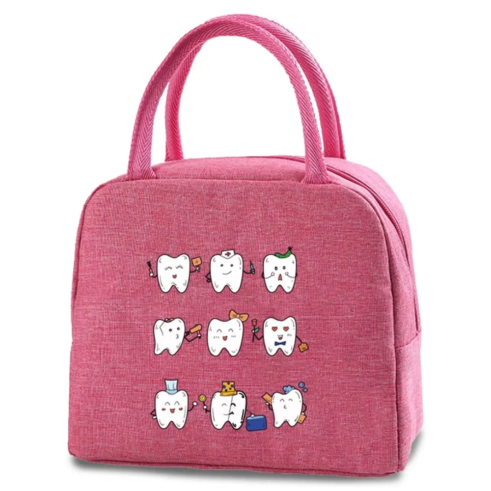 Dentist Multi Tooth Prints Pink Insulated Heat Lunch Bag