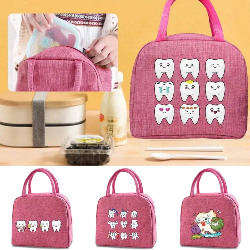 Dentist Multi Tooth Prints Pink Insulated Heat Lunch Bag