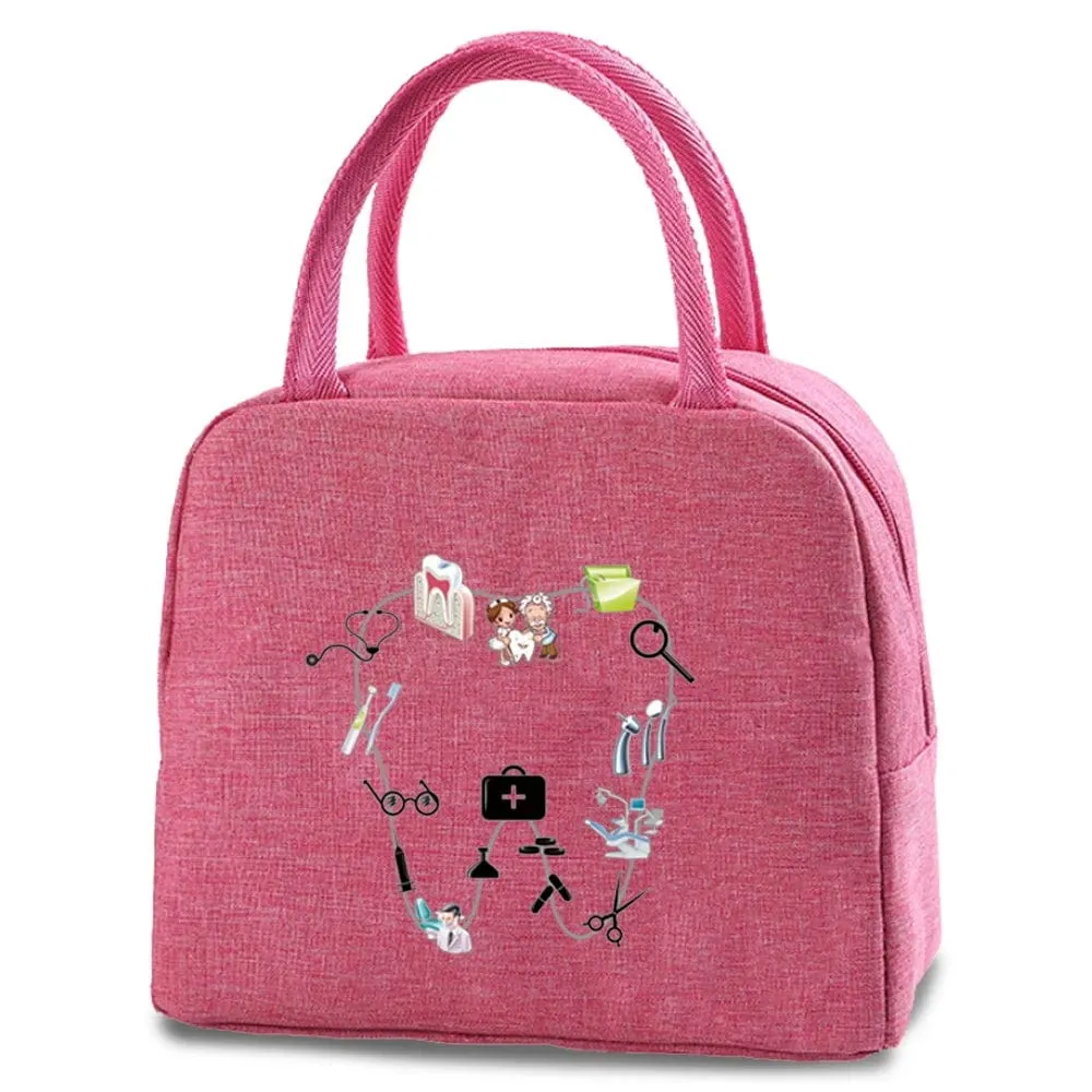 Dentist Multi Tooth Prints Pink Insulated Heat Lunch Bag