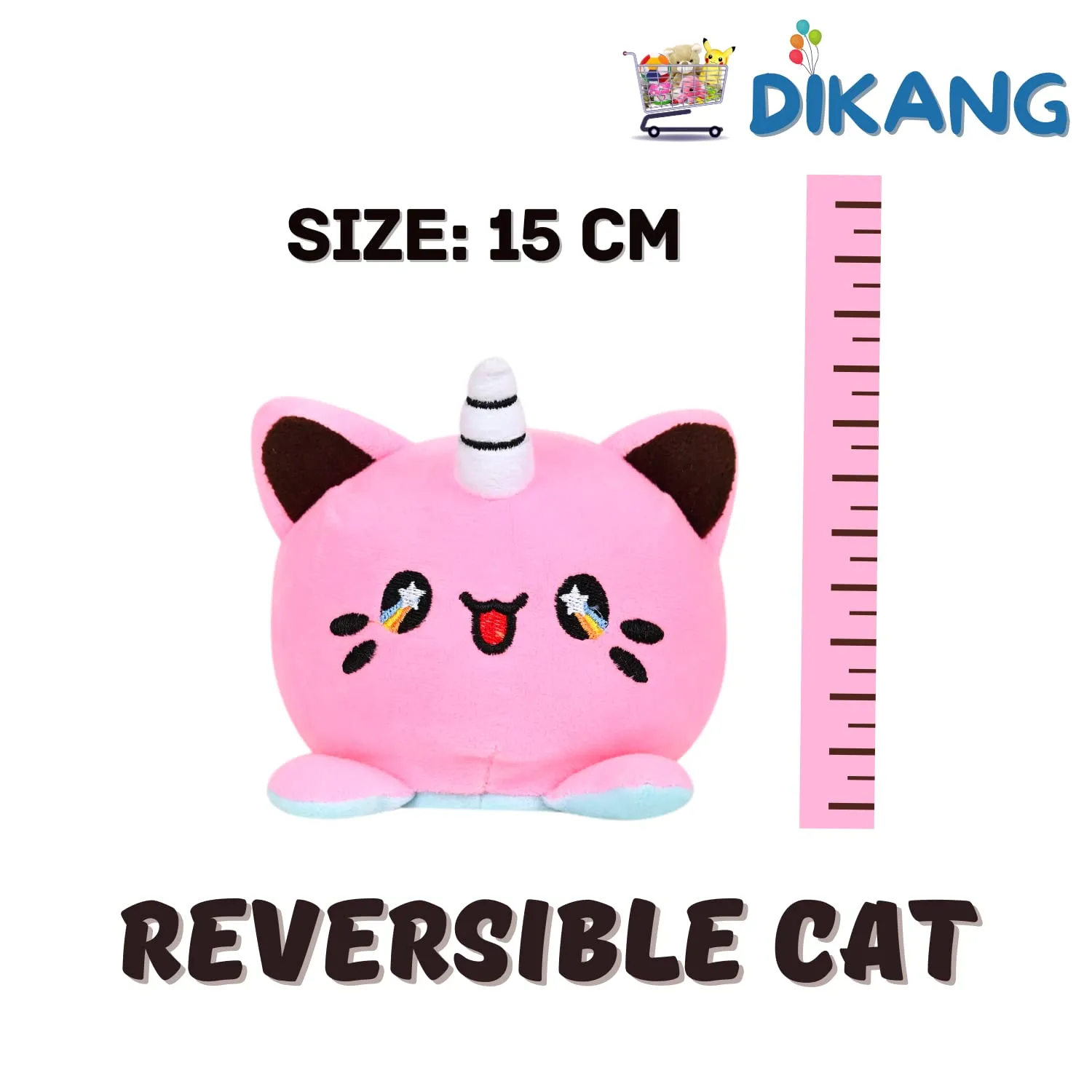 DIKANG Reversible Cat Plushie Soft Toys for Kids | Kids Soft Toy, Baby Toys, Birthday Gift for Girls and Boys | Plush Soft Toys for Kids (15 cm, Reversible Cat (Pink/Sky Blue))