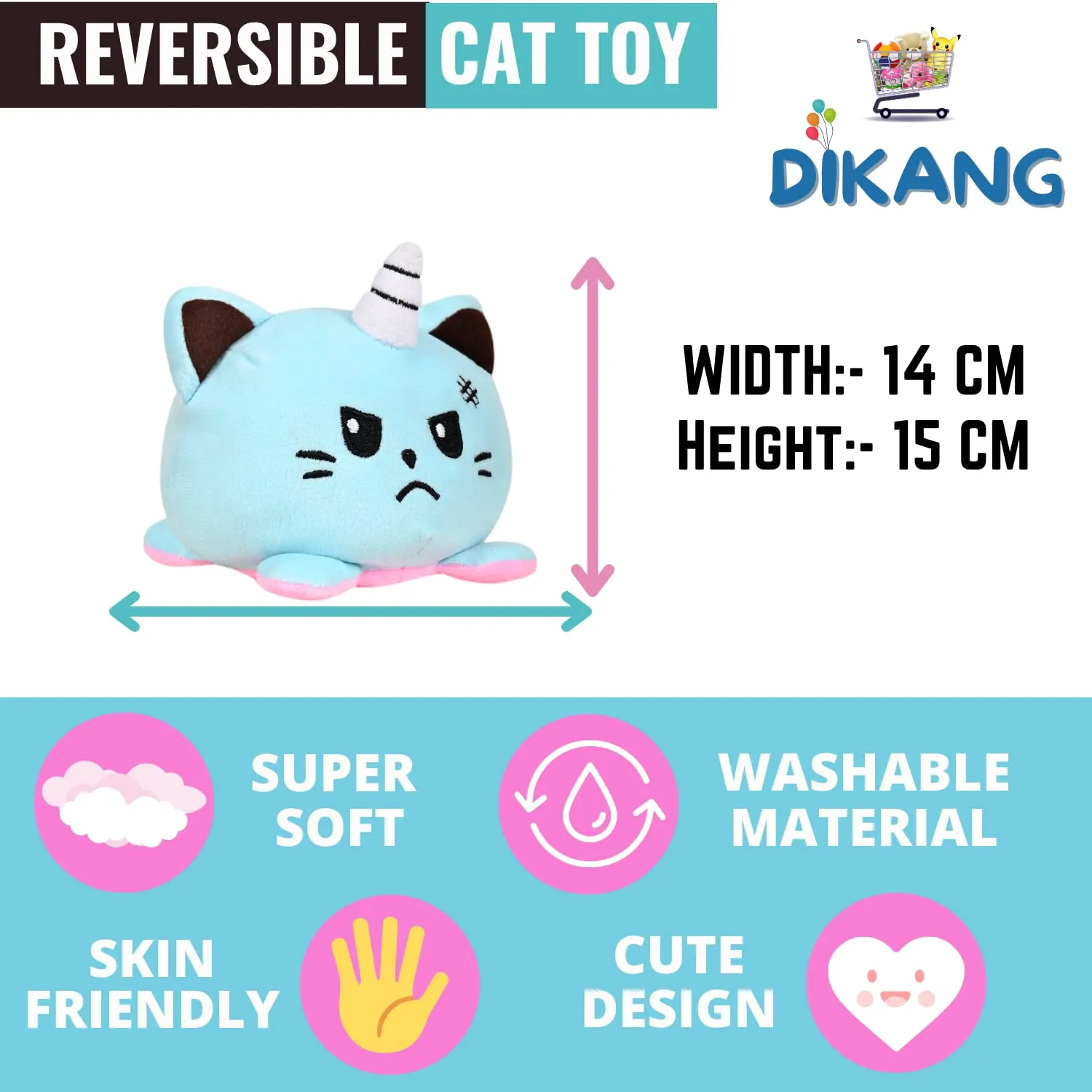 DIKANG Reversible Cat Plushie Soft Toys for Kids | Kids Soft Toy, Baby Toys, Birthday Gift for Girls and Boys | Plush Soft Toys for Kids (15 cm, Reversible Cat (Pink/Sky Blue))