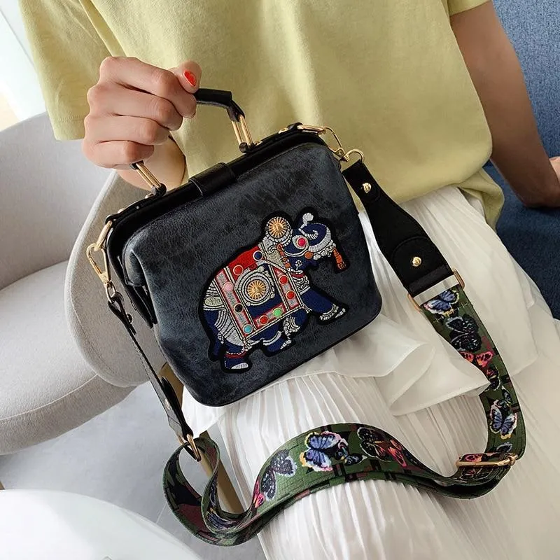 Embroidered Elephant and Butterfly Top Handle Crossbody Handbag