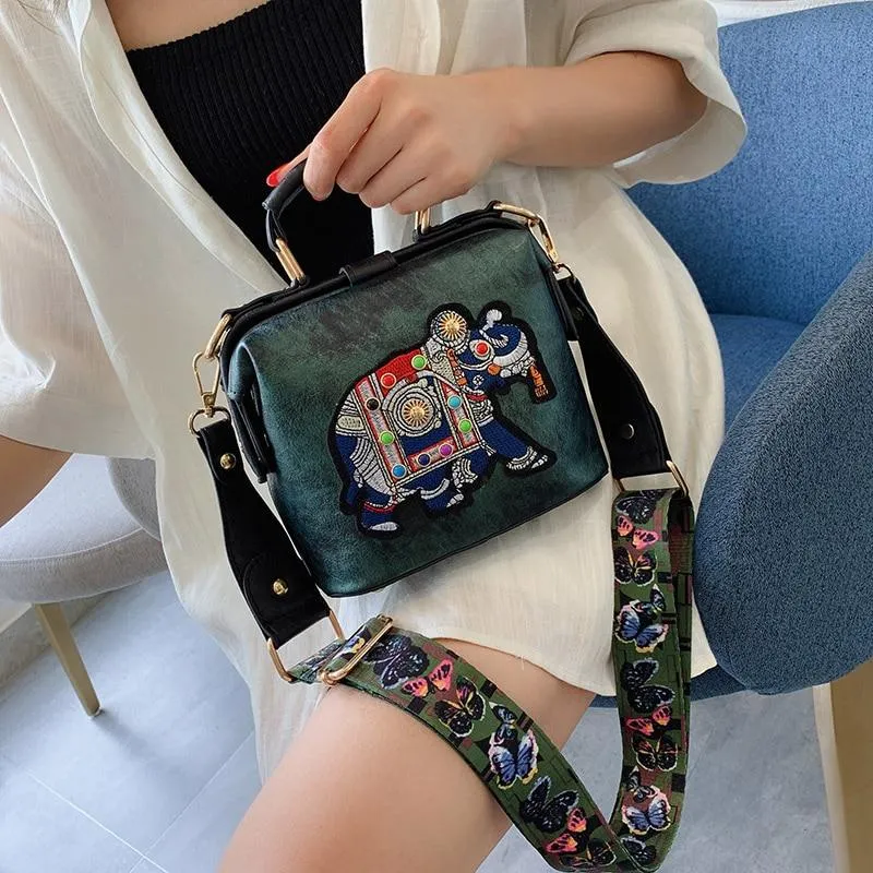 Embroidered Elephant and Butterfly Top Handle Crossbody Handbag