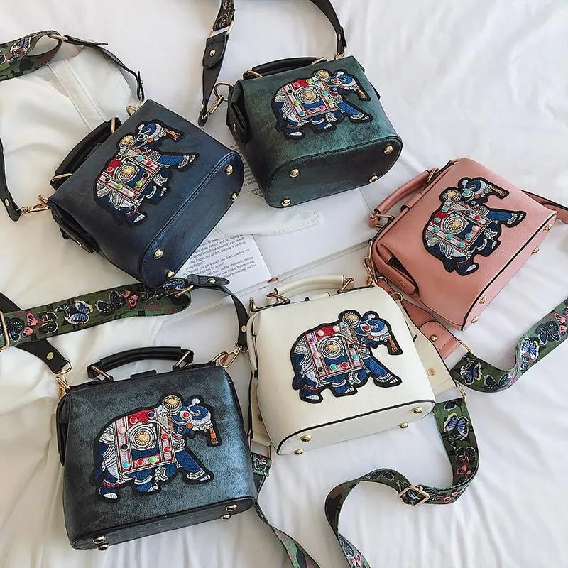 Embroidered Elephant and Butterfly Top Handle Crossbody Handbag