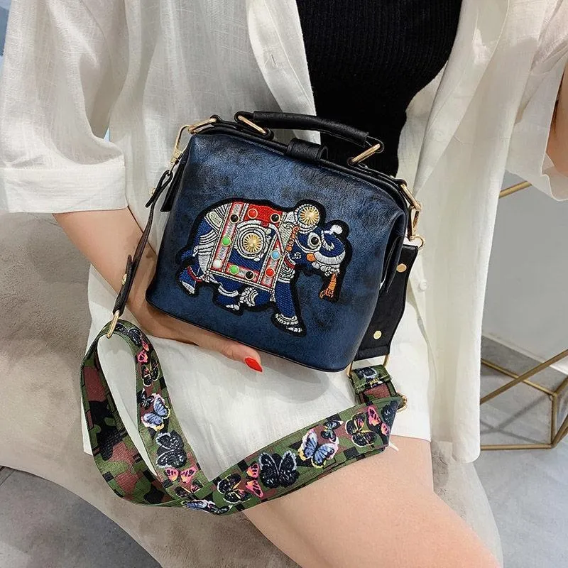 Embroidered Elephant and Butterfly Top Handle Crossbody Handbag