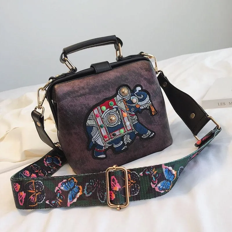 Embroidered Elephant and Butterfly Top Handle Crossbody Handbag