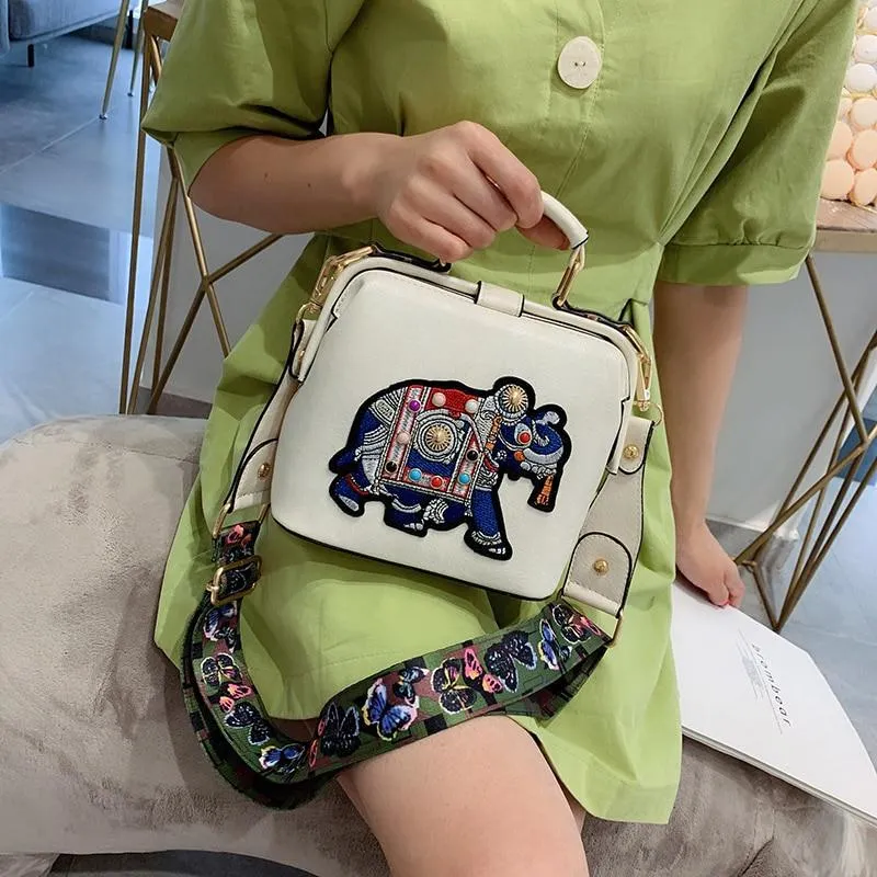 Embroidered Elephant and Butterfly Top Handle Crossbody Handbag