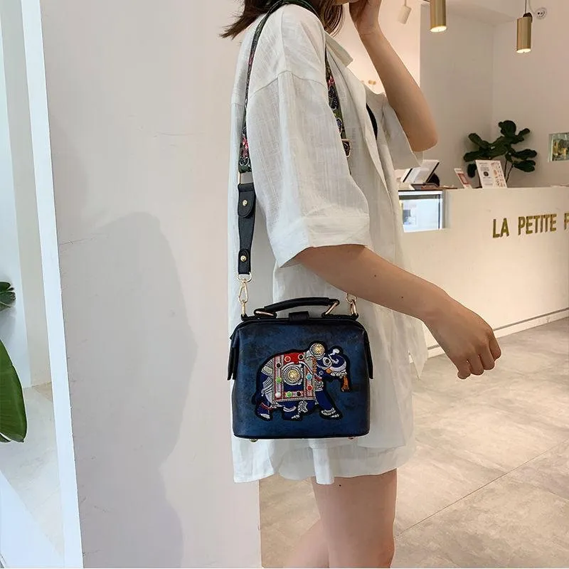 Embroidered Elephant and Butterfly Top Handle Crossbody Handbag