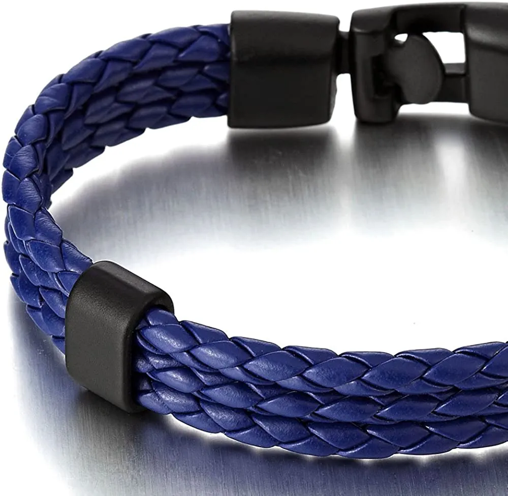 Exquisite Three Strand Rows Blue Braided Leather Bracelet for Mens Womens