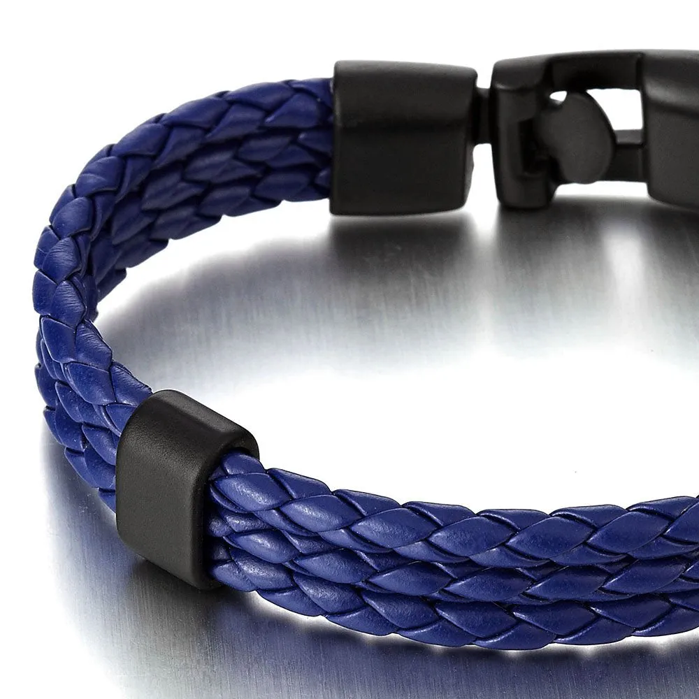 Exquisite Three Strand Rows Blue Braided Leather Bracelet for Mens Womens