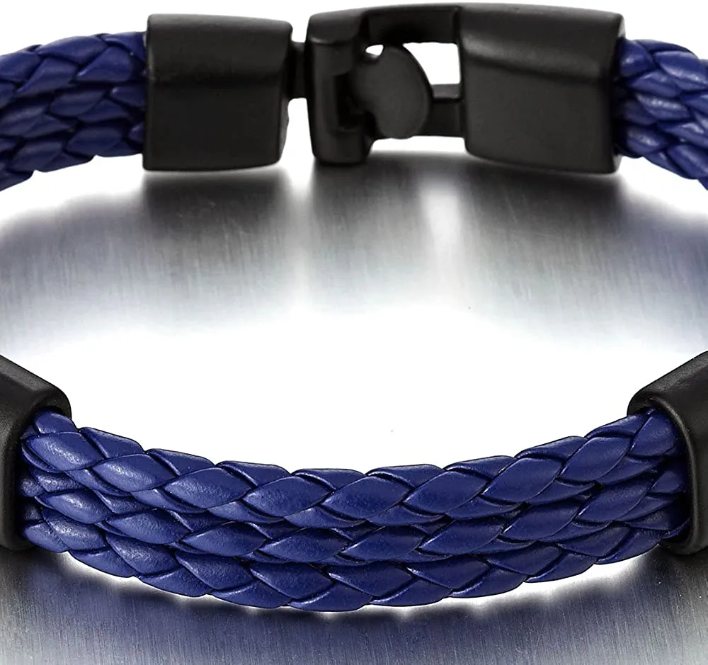 Exquisite Three Strand Rows Blue Braided Leather Bracelet for Mens Womens