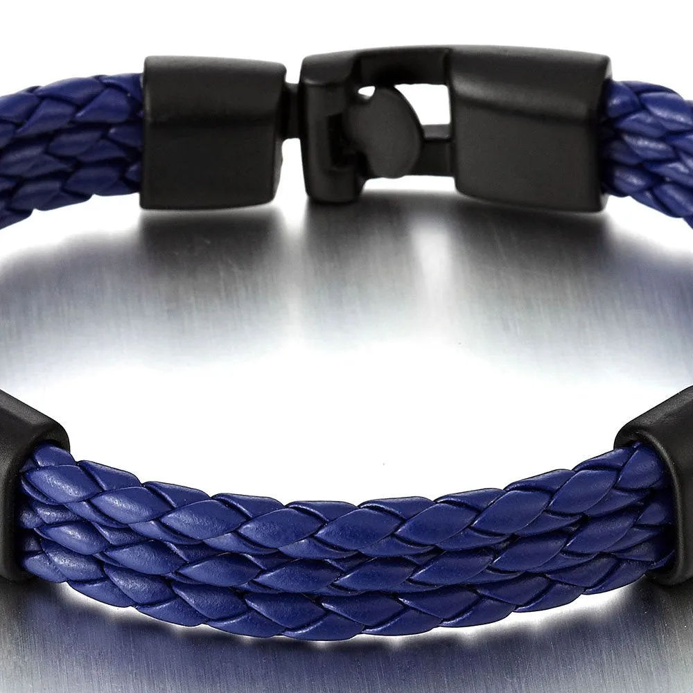 Exquisite Three Strand Rows Blue Braided Leather Bracelet for Mens Womens