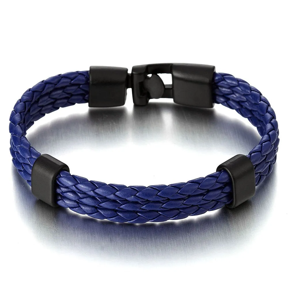 Exquisite Three Strand Rows Blue Braided Leather Bracelet for Mens Womens