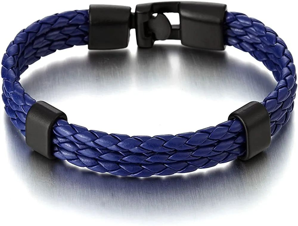 Exquisite Three Strand Rows Blue Braided Leather Bracelet for Mens Womens