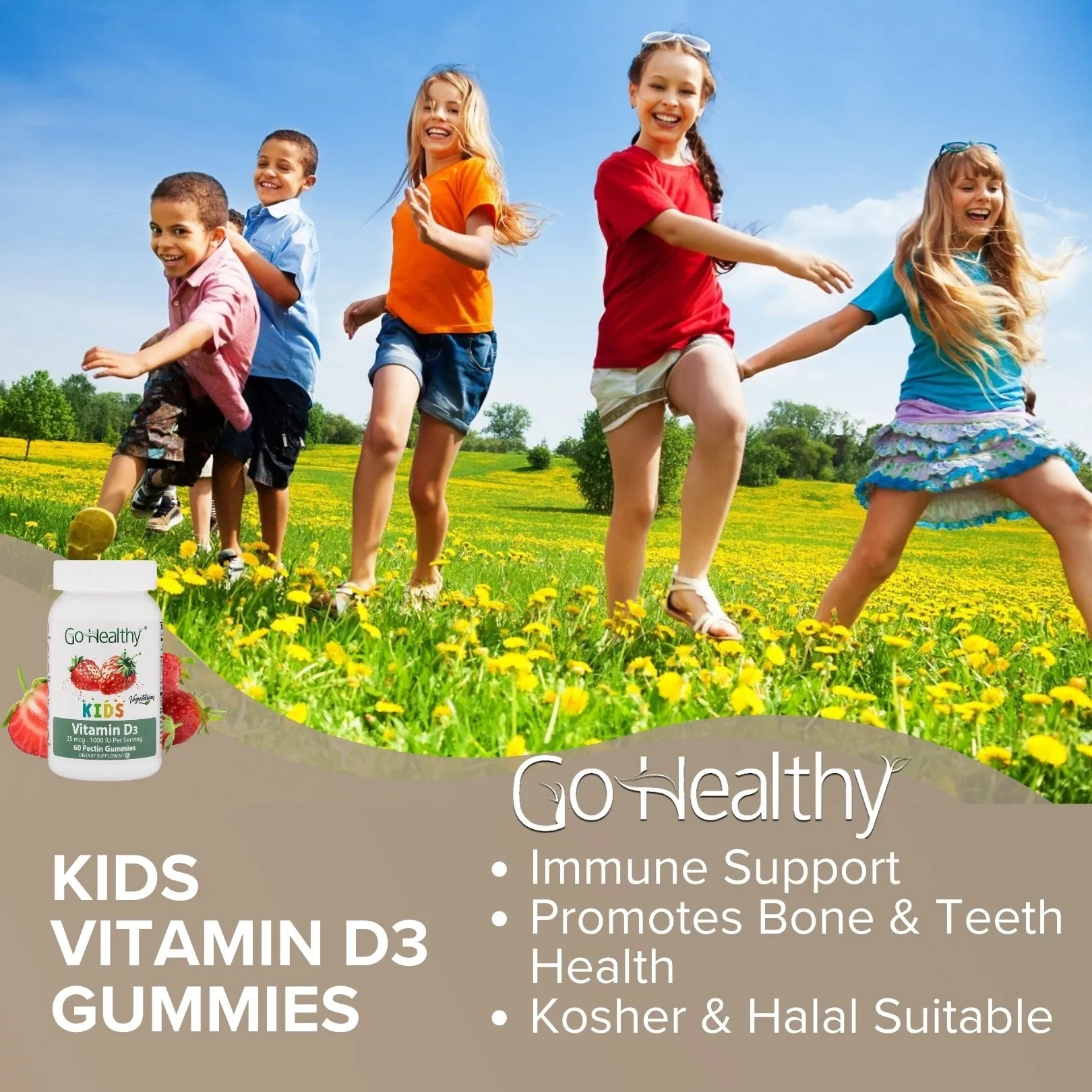 Go Healthy Multivitamin (1 Bottle), Vitamin D (1 Bottle) and Vitamin C (1 Bottle) Gummies for Kids, Toddlers, Vegetarian, Kosher & Halal, Gluten Free, Non-GMO Bundle