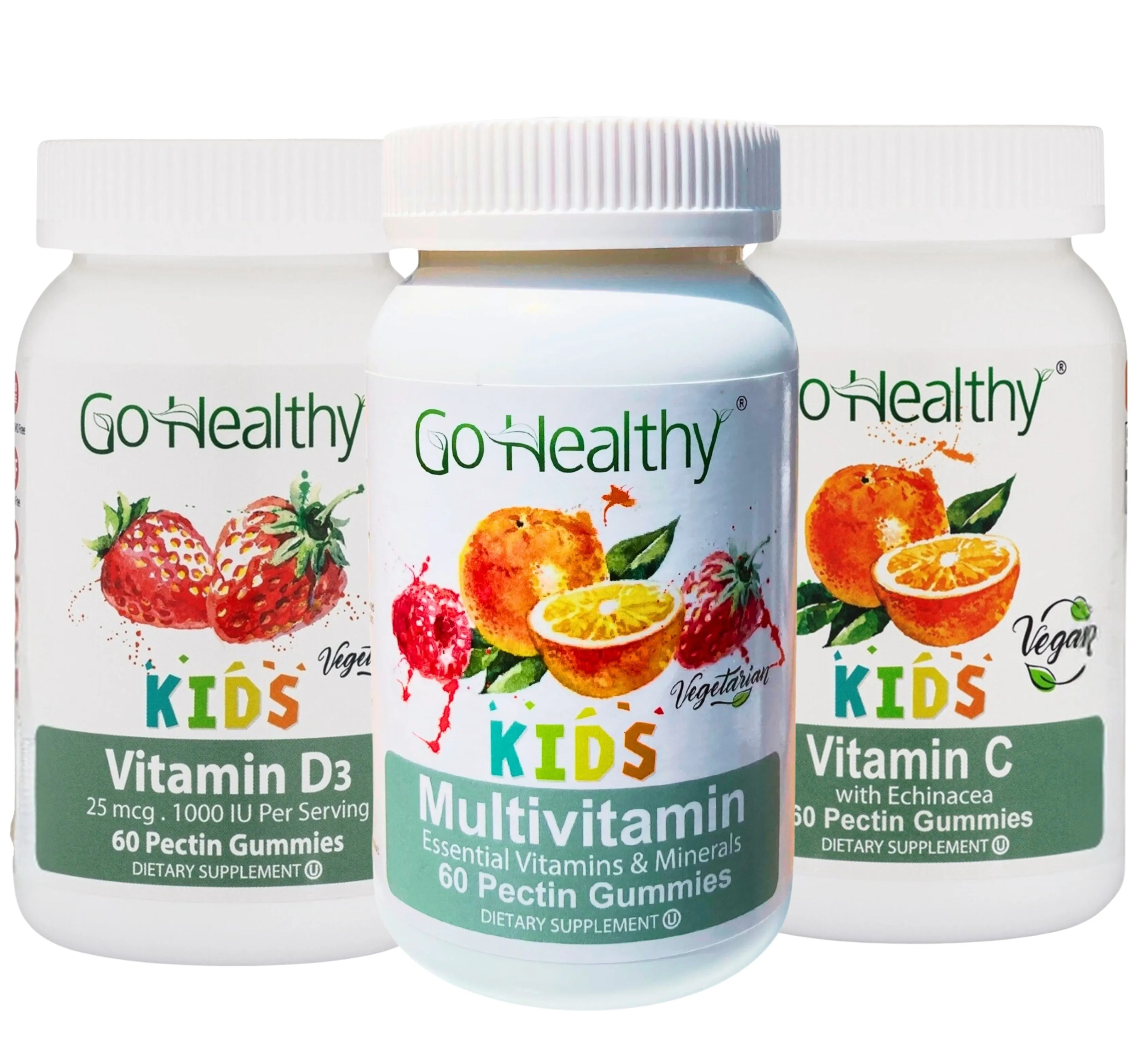 Go Healthy Multivitamin (1 Bottle), Vitamin D (1 Bottle) and Vitamin C (1 Bottle) Gummies for Kids, Toddlers, Vegetarian, Kosher & Halal, Gluten Free, Non-GMO Bundle