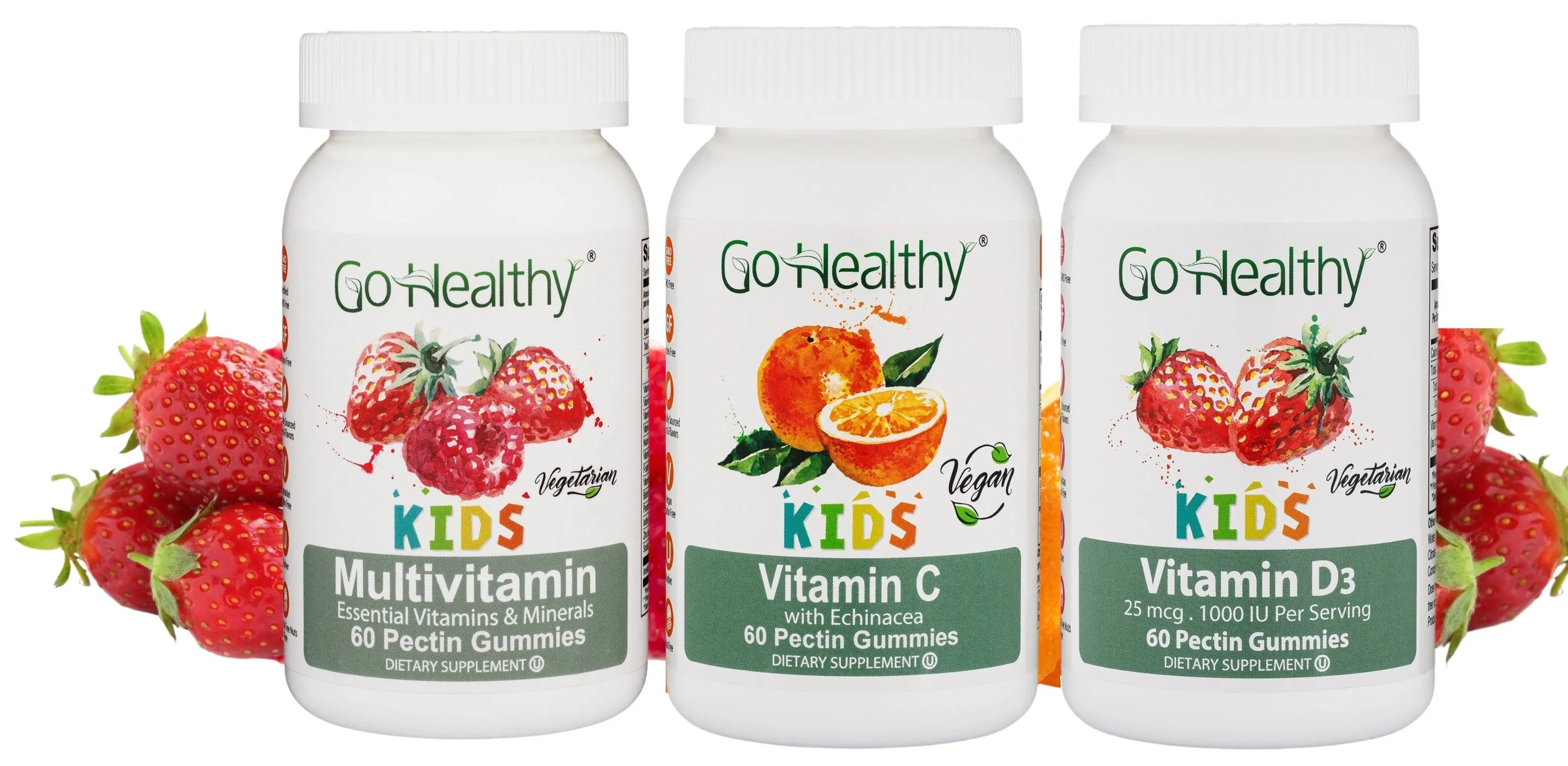 Go Healthy Multivitamin (1 Bottle), Vitamin D (1 Bottle) and Vitamin C (1 Bottle) Gummies for Kids, Toddlers, Vegetarian, Kosher & Halal, Gluten Free, Non-GMO Bundle