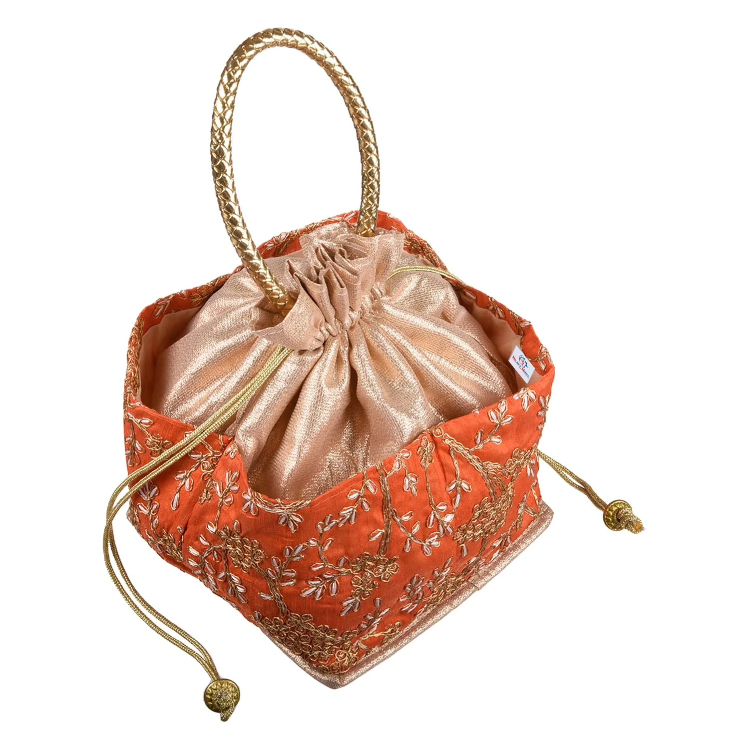 Heart Home Hand Bag|Silk Embroidery Drawstring Bag|Traditional Indian Handmade 5 Pocket Potli Bag with Golden Handle (Orange)