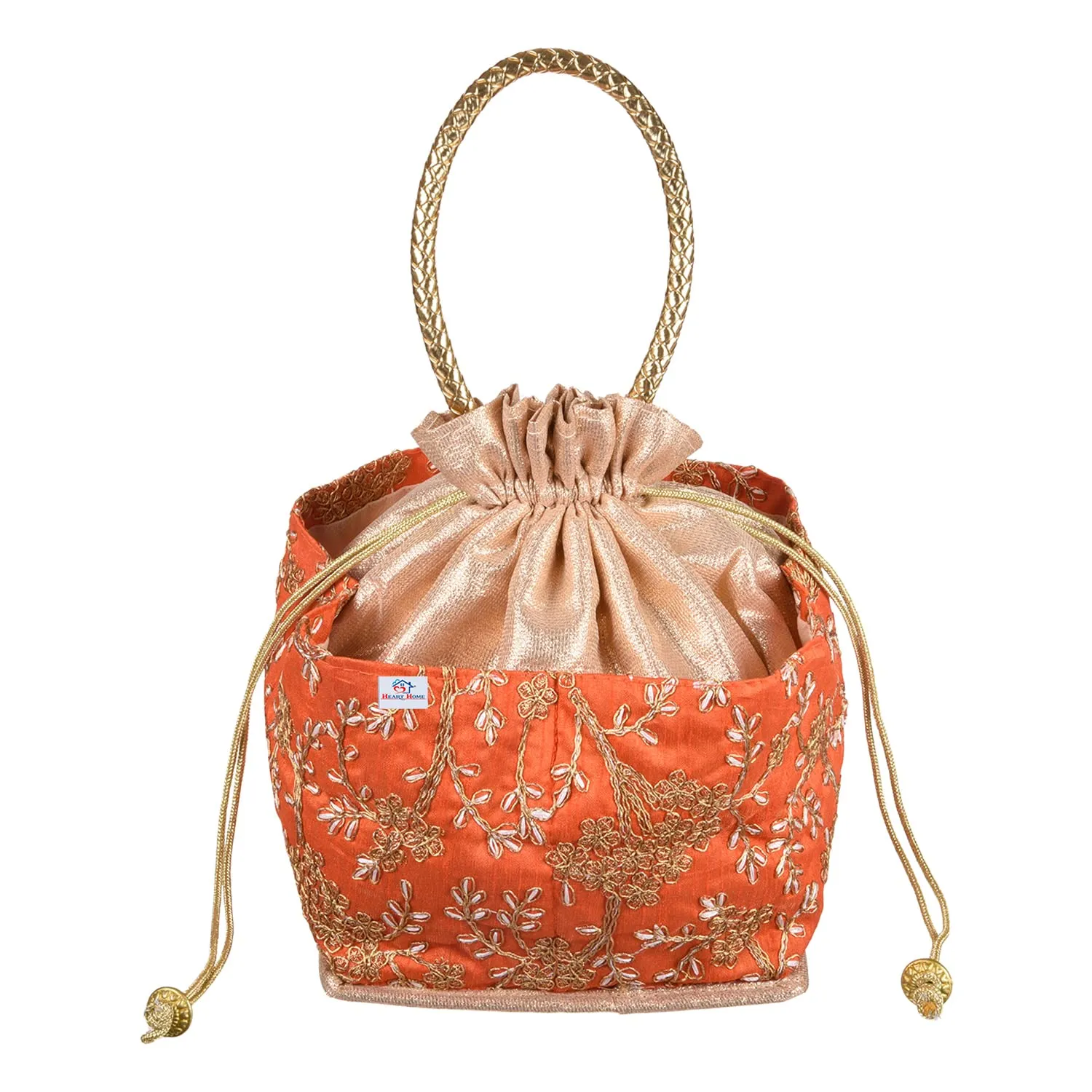 Heart Home Hand Bag|Silk Embroidery Drawstring Bag|Traditional Indian Handmade 5 Pocket Potli Bag with Golden Handle (Orange)