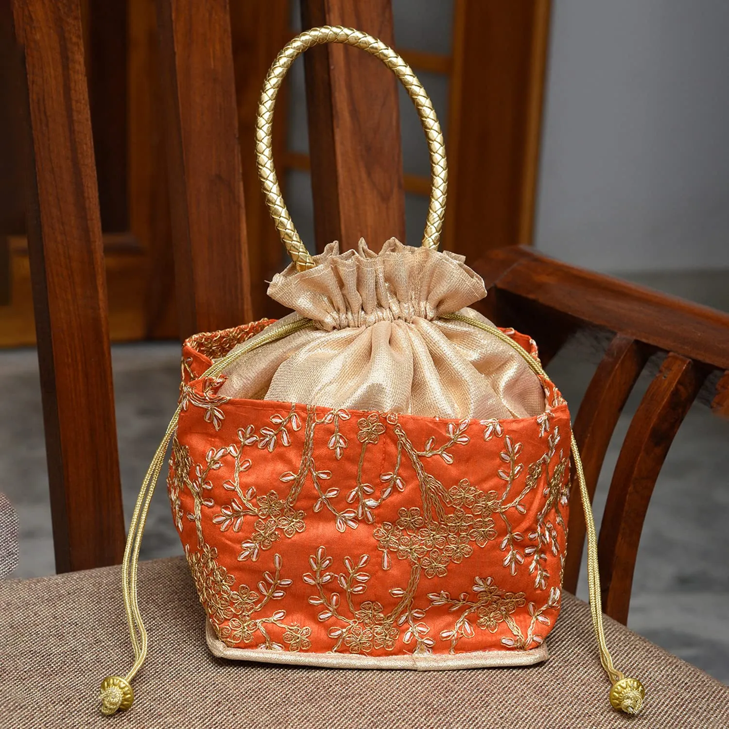 Heart Home Hand Bag|Silk Embroidery Drawstring Bag|Traditional Indian Handmade 5 Pocket Potli Bag with Golden Handle (Orange)