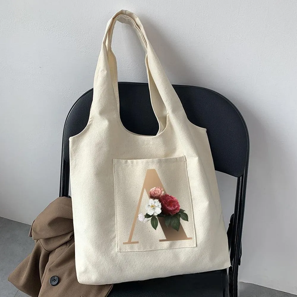 Medics Women Fashion New Commuter Bag Shoulder Bag Letter Initial Name Pattern Print Beige Canvas Tote Bag Shopping Student Tote Bag