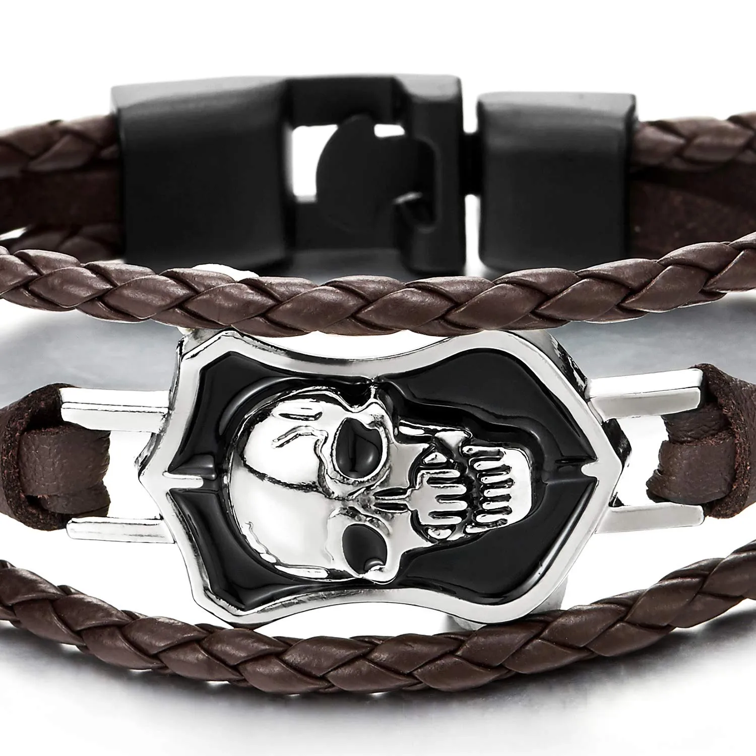 Men Silver Black Shield Skull Brown Braided Leather Bracelet Multi-Strand Leather Wristband Bracelet