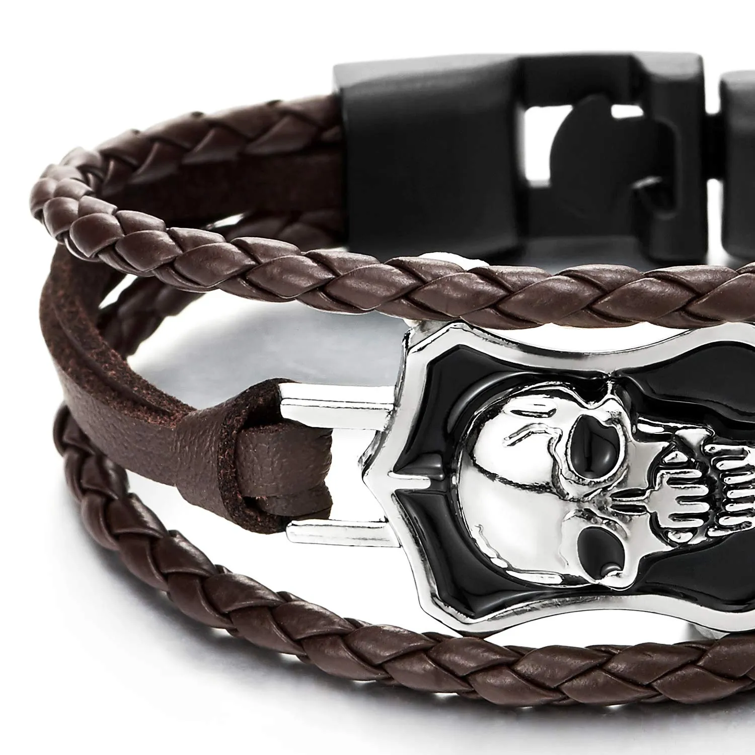 Men Silver Black Shield Skull Brown Braided Leather Bracelet Multi-Strand Leather Wristband Bracelet