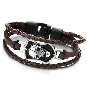 Men Silver Black Shield Skull Brown Braided Leather Bracelet Multi-Strand Leather Wristband Bracelet